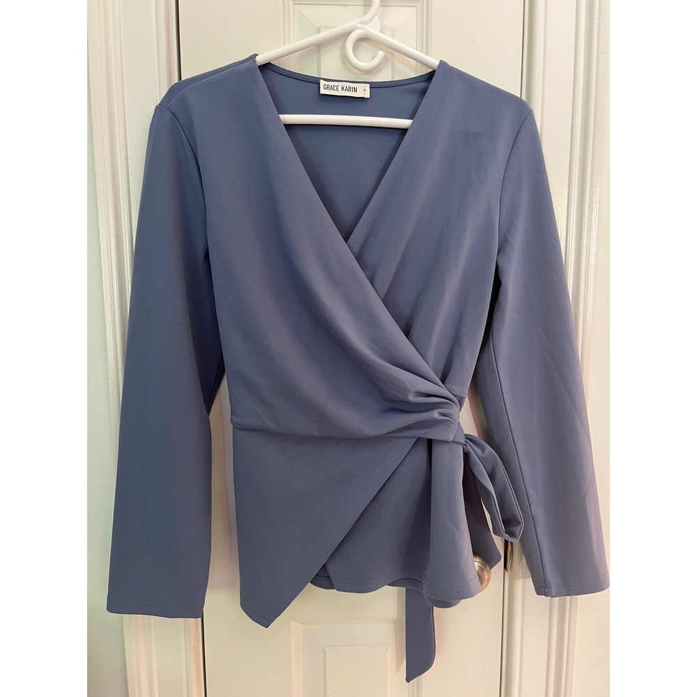 Grace Karin Womens Blue Long Sleeve V-Neck Faux Wrap Tie Waist Blouse Size M